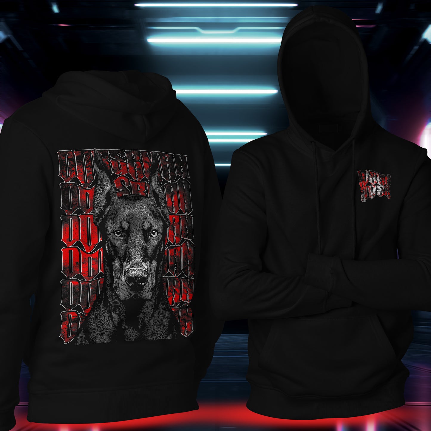Doberman guardian inspired graphic streetwear hoodie in black, front detail logo and full back doberman guardian illustration symbolizing focus and protection, by WEAR OVER