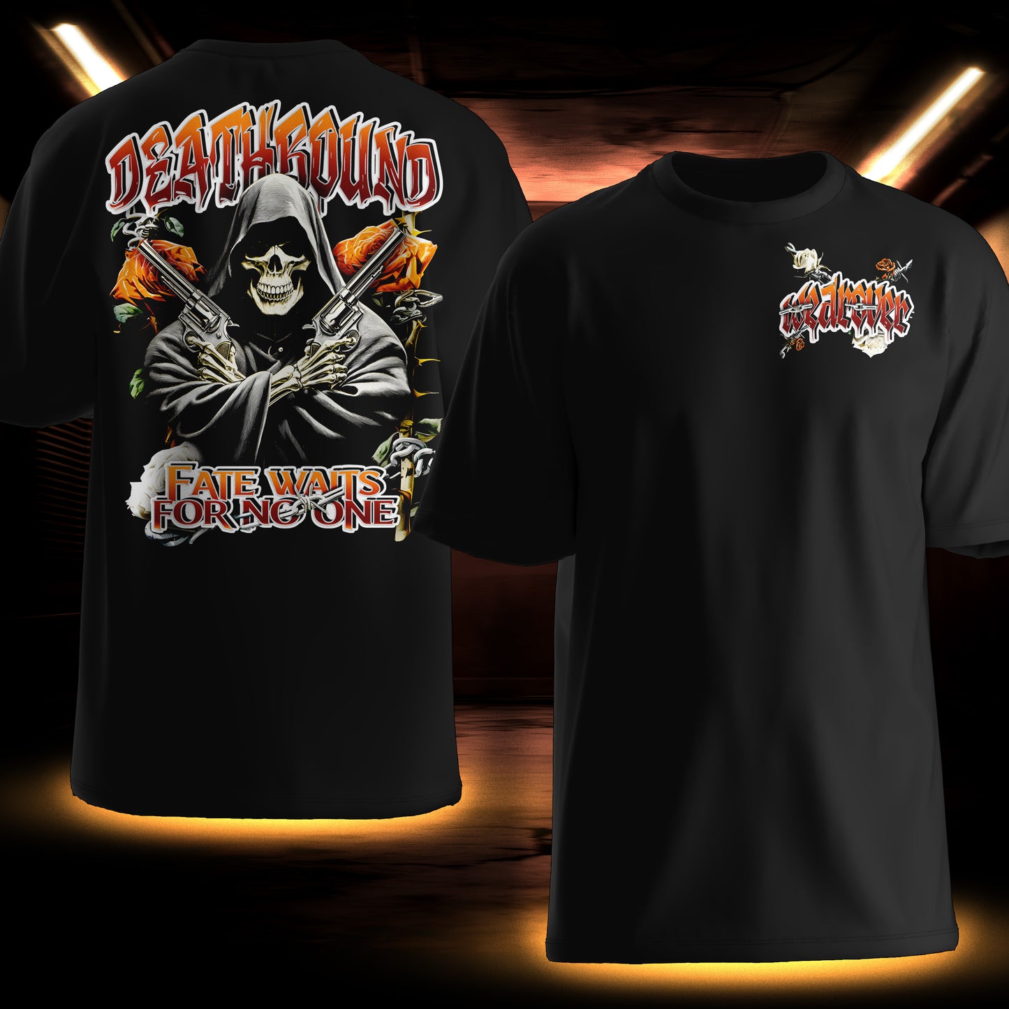 Deathbound streetwear t-shirt with full back graphic featuring Death holding revolvers