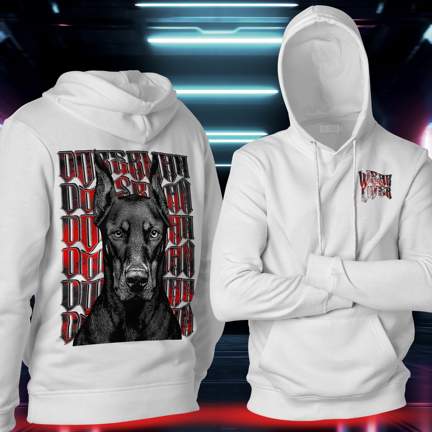 Doberman guardian inspired graphic streetwear hoodie in white, front detail logo and full back doberman guardian illustration representing control, loyalty, and vigilance, by WEAR OVER