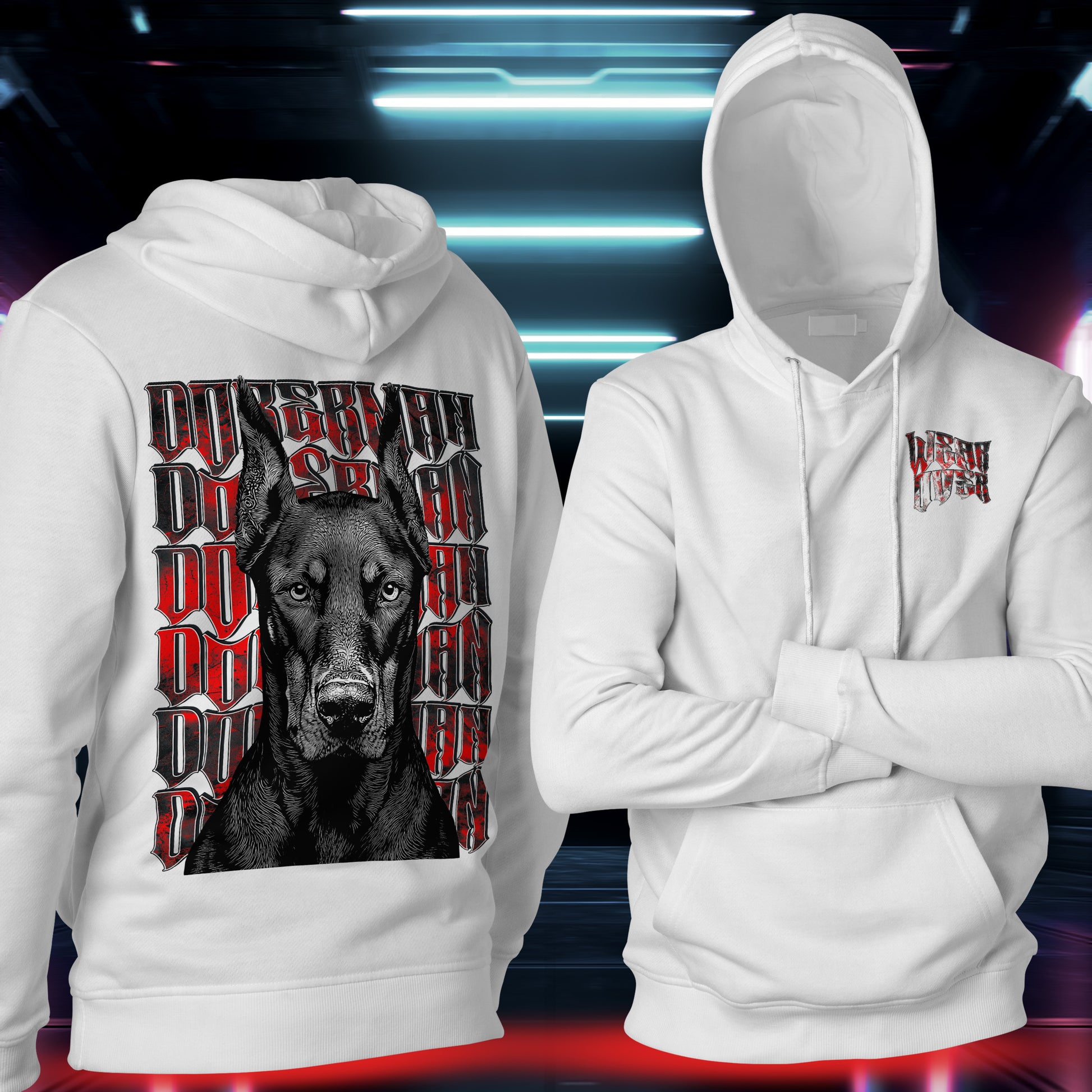Doberman guardian inspired graphic streetwear hoodie in white, front detail logo and full back doberman guardian illustration representing control, loyalty, and vigilance, by WEAR OVER