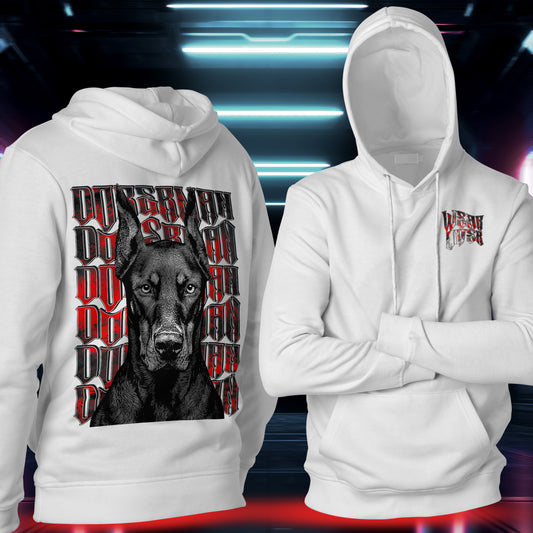Doberman guardian inspired graphic streetwear hoodie in white, front detail logo and full back doberman guardian illustration representing control, loyalty, and vigilance, by WEAR OVER