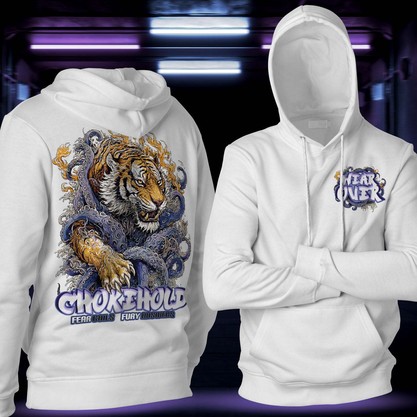 Chokehold struggle graphic streetwear hoodie white front and back view by WEAR OVER