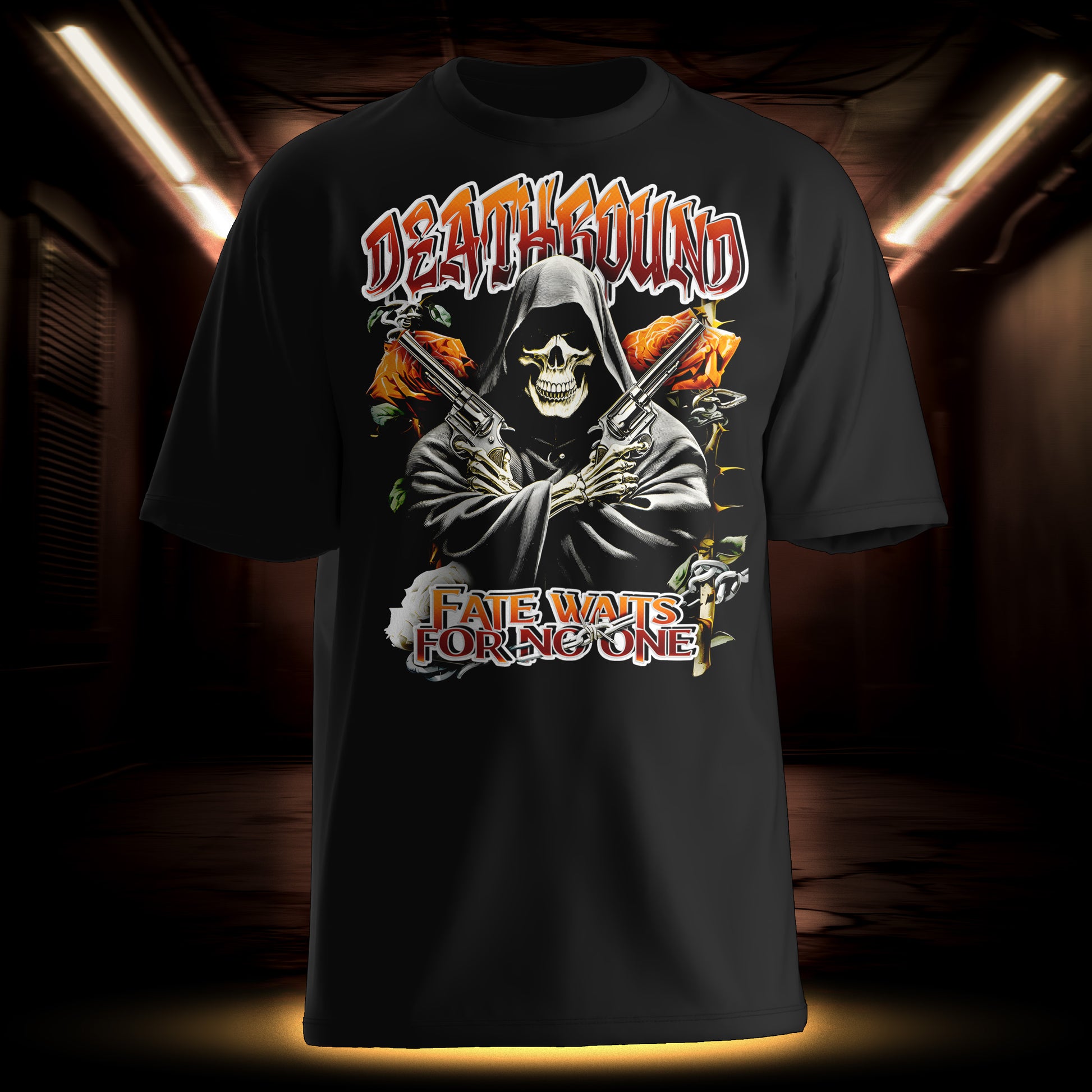 Deathbound fate inspired graphic streetwear t-shirt black front view by WEAR OVER