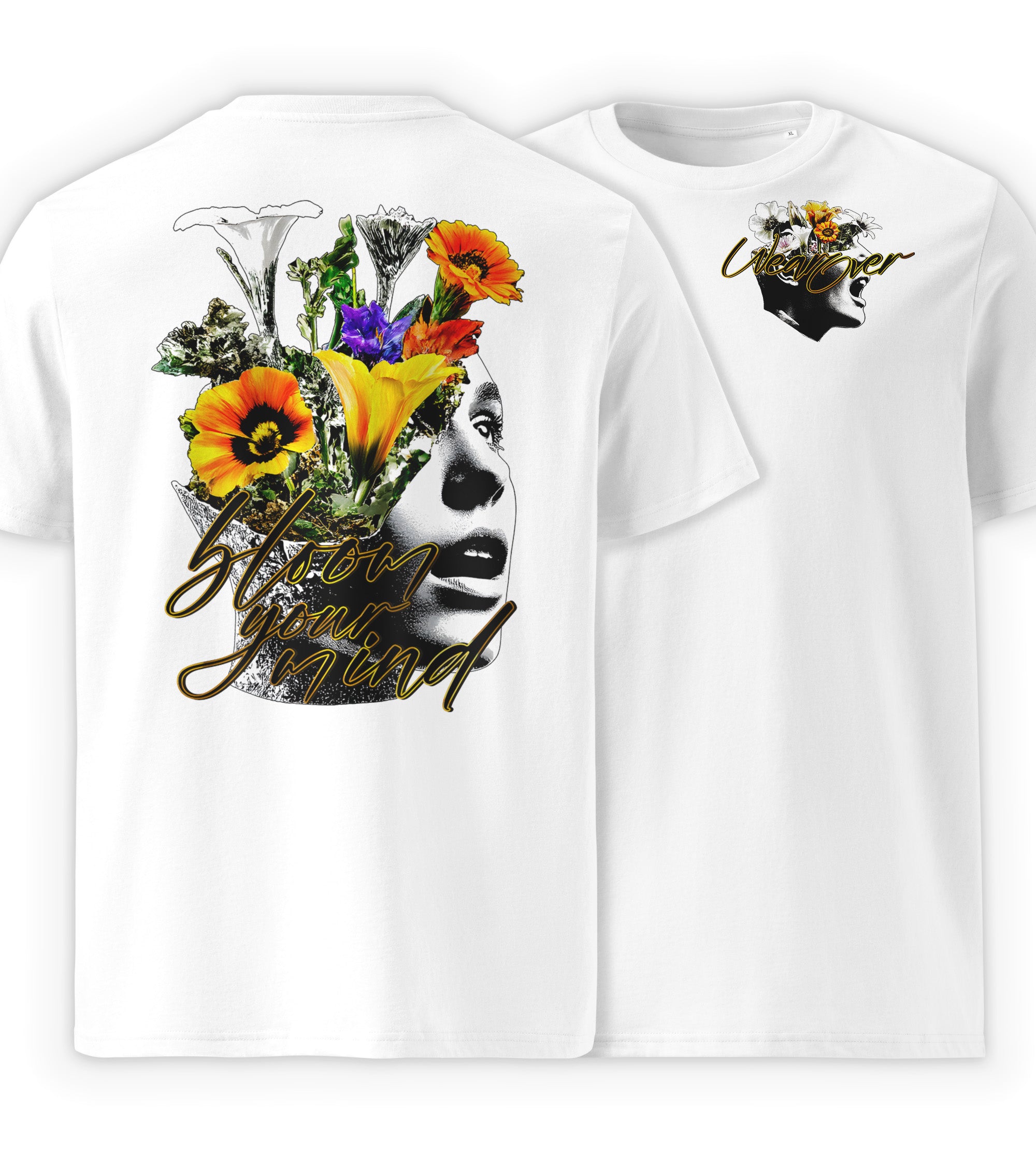 White Full | Bloom Your Mind artistic graphic streetwear t-shirt front and back view with floral mind design by WEAR OVER