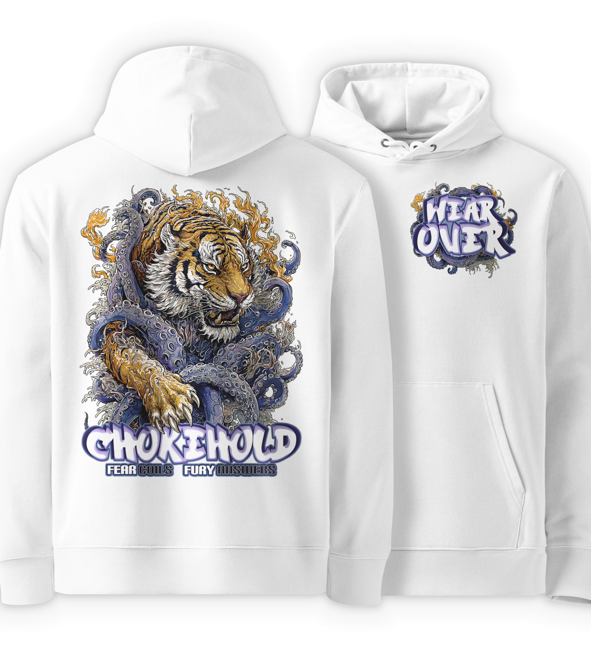White Full | Chokehold struggle graphic streetwear hoodie white front and back view by WEAR OVER