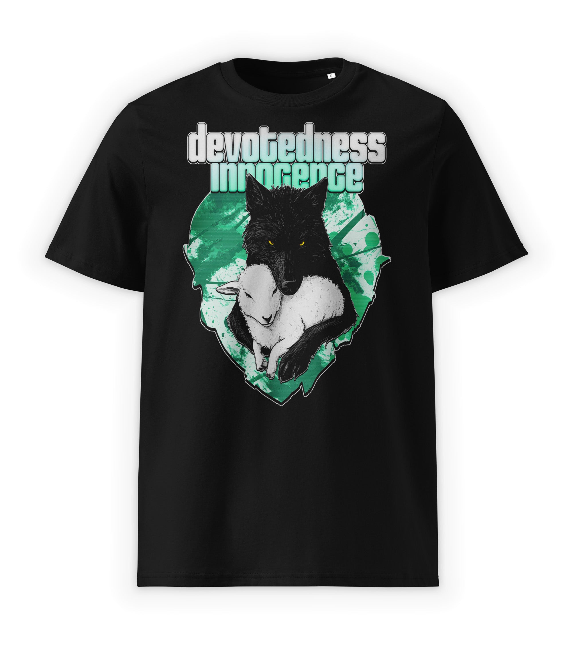 Black Front | Devotedness Innocence streetwear t-shirt front and back view with wolf and lamb graphic by WEAR OVER