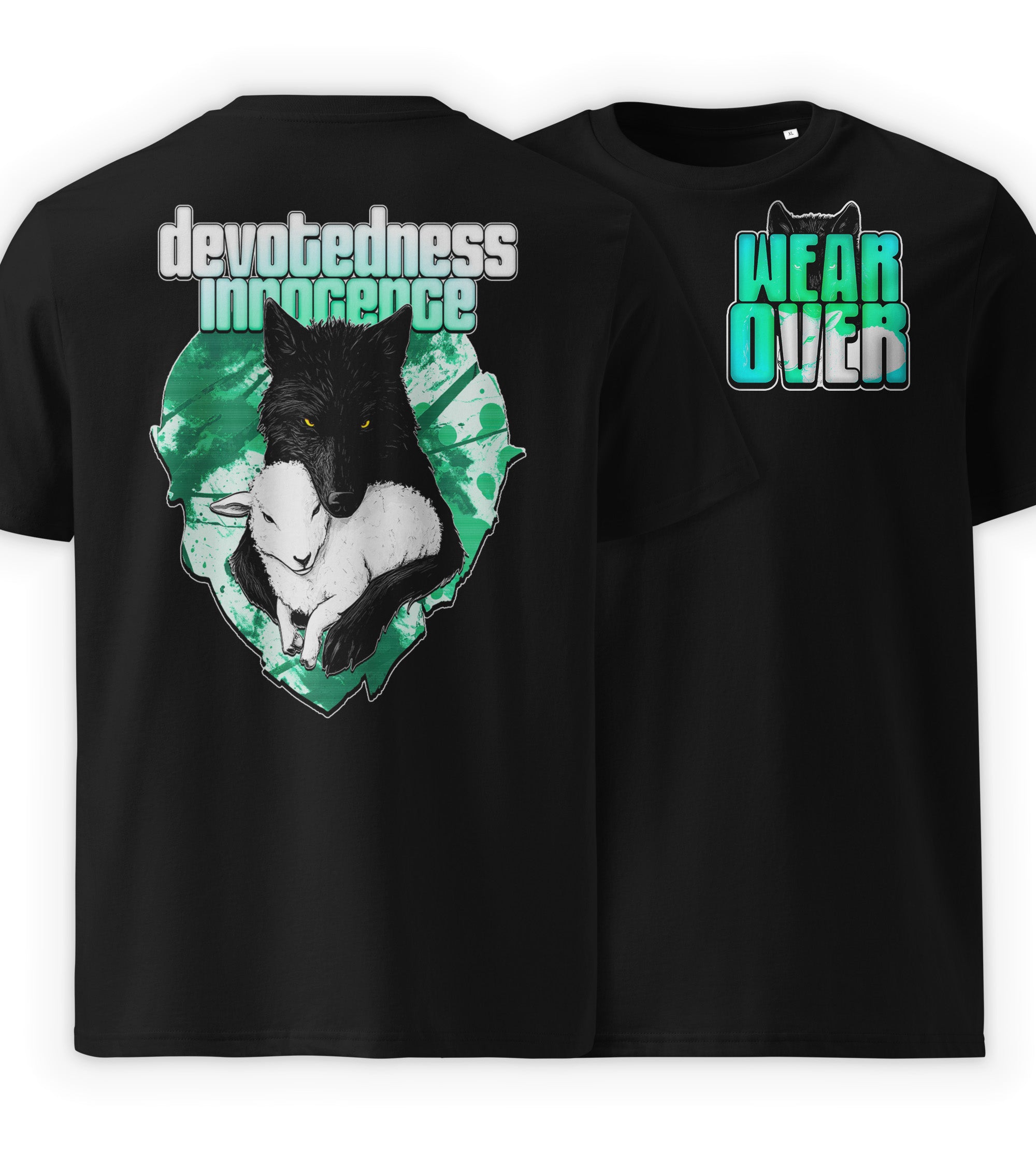 Black Full | Devotedness Innocence streetwear t-shirt front and back view with wolf and lamb graphic by WEAR OVER