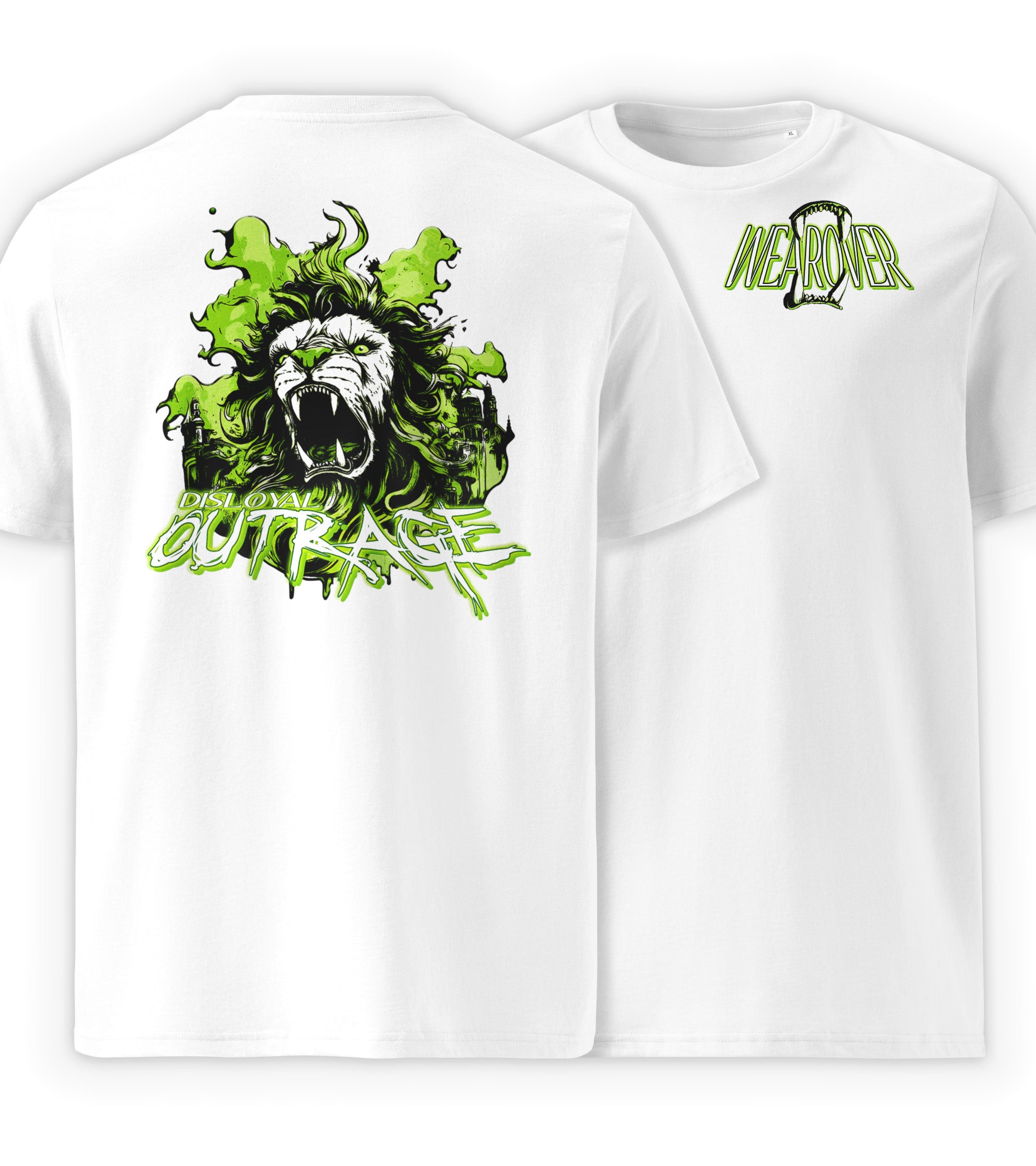 White Full | Disloyal Outrage inspired graphic streetwear t-shirt front and back view by WEAR OVER