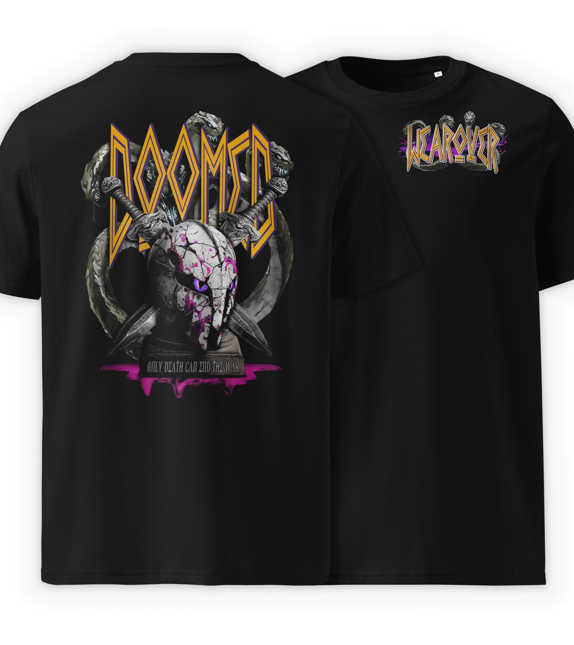 Black Full| Doomed war aftermath graphic streetwear t-shirt black front and back view by WEAR OVER
