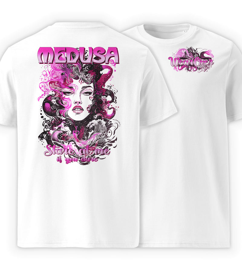 White Full | Graphic streetwear myth-inspired Medusa t-shirt front and back view design by WEAR OVER