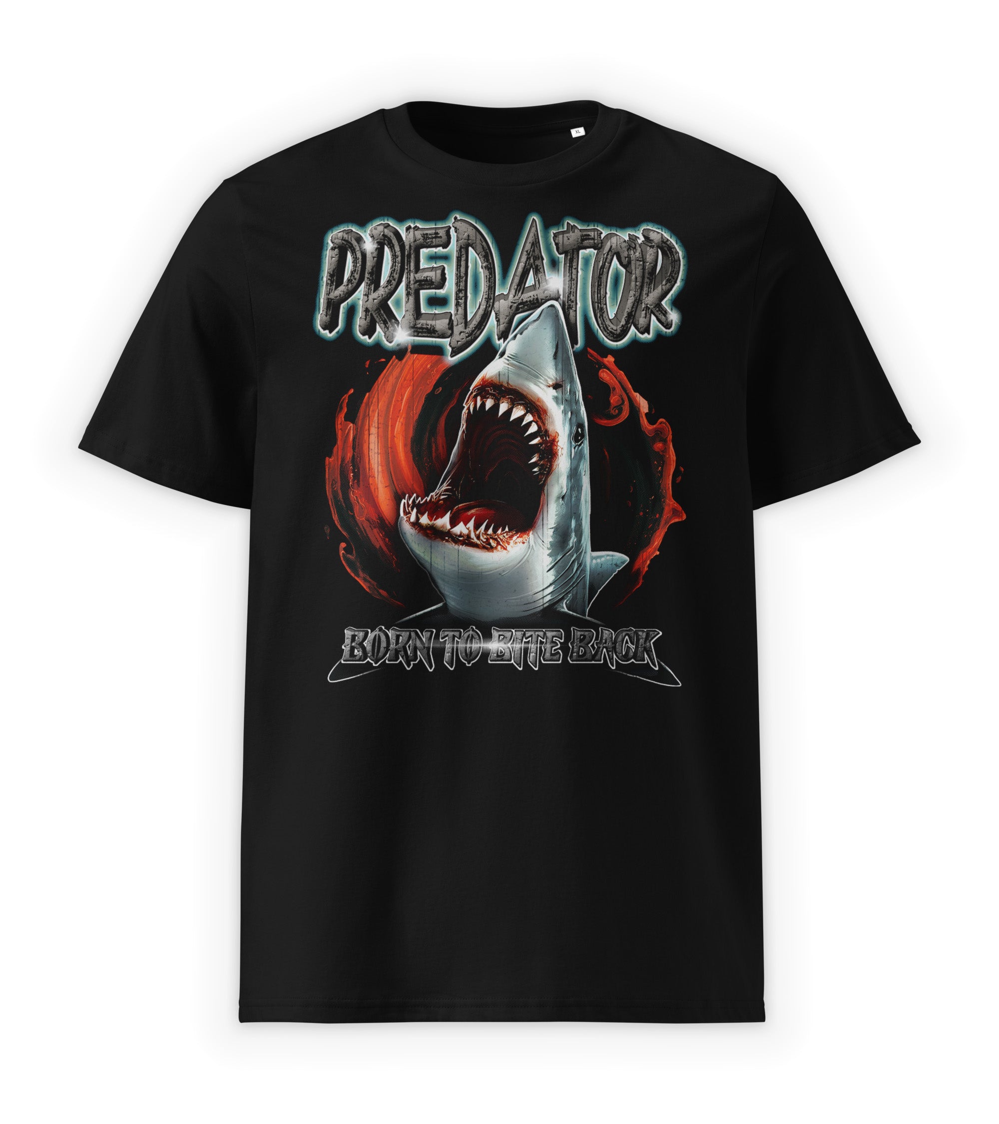 Black Front | Predator shark graphic streetwear t-shirt full front design with attacking shark illustration by WEAR OVER