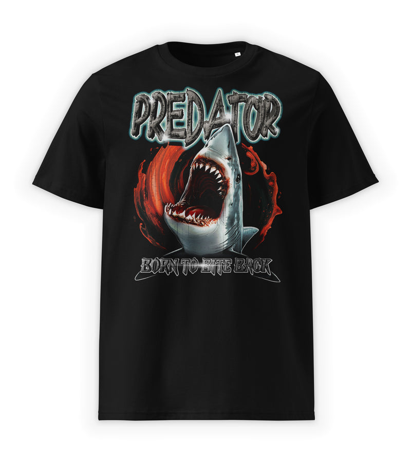 Black Front | Predator shark graphic streetwear t-shirt full front design with attacking shark illustration by WEAR OVER