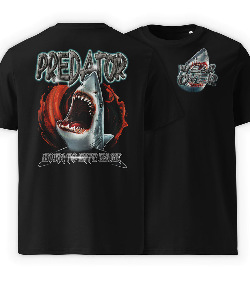 Black Full | Predator shark graphic streetwear t-shirt full front design with attacking shark illustration by WEAR OVER