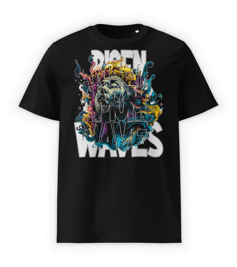 Black Front | Graphic streetwear t-shirt featuring abstract ocean-inspired wave artwork rising through chaos front view by WEAR OVER