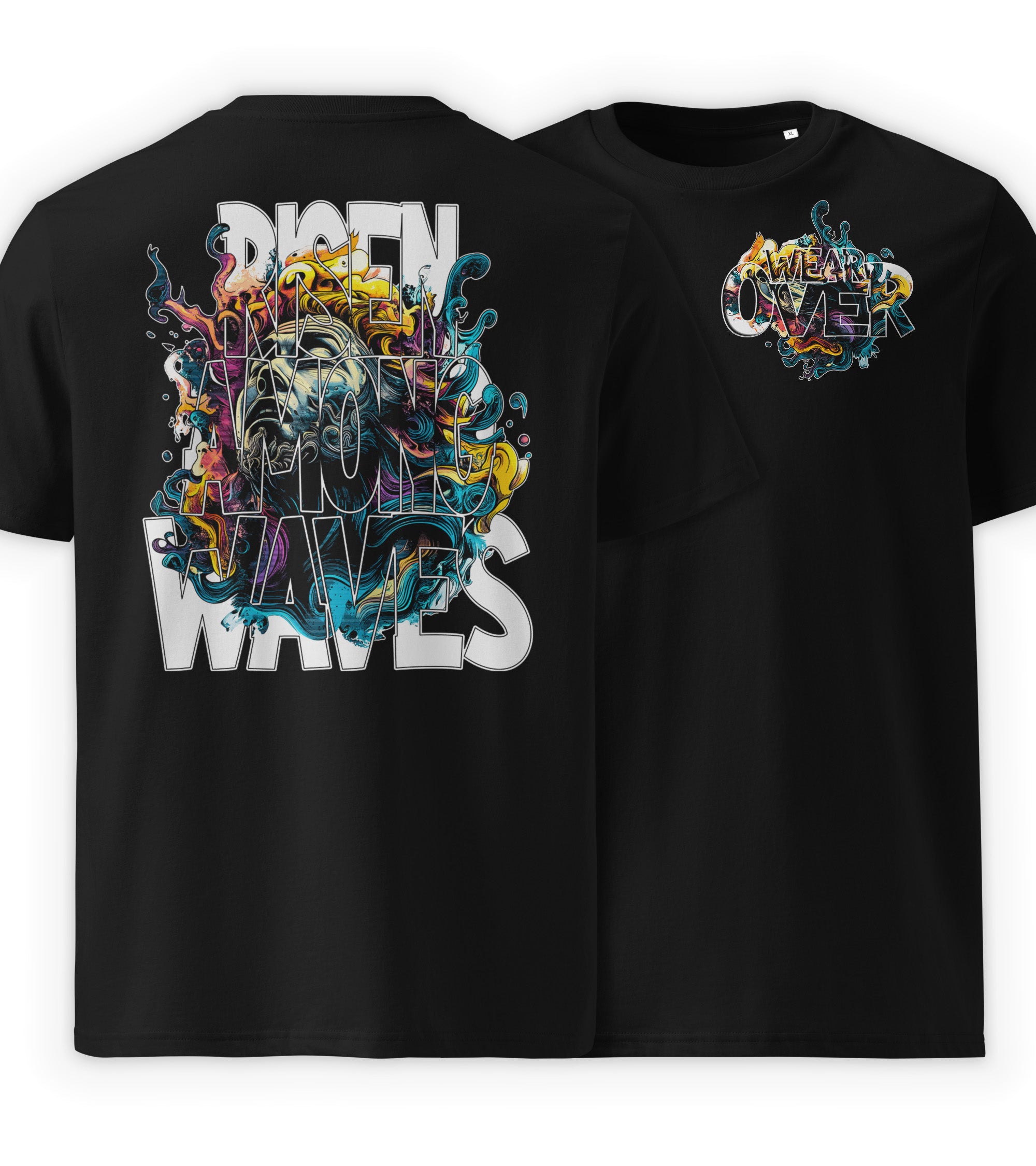 Black Full | Graphic streetwear t-shirt featuring abstract ocean-inspired wave artwork rising through chaos front and back view by WEAR OVER