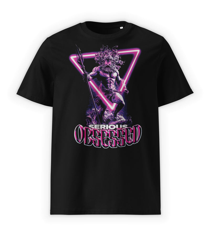 Black Front | Graphic streetwear t-shirt with neon myth-inspired obsession artwork, Serious Obsessed by WEAR OVER
