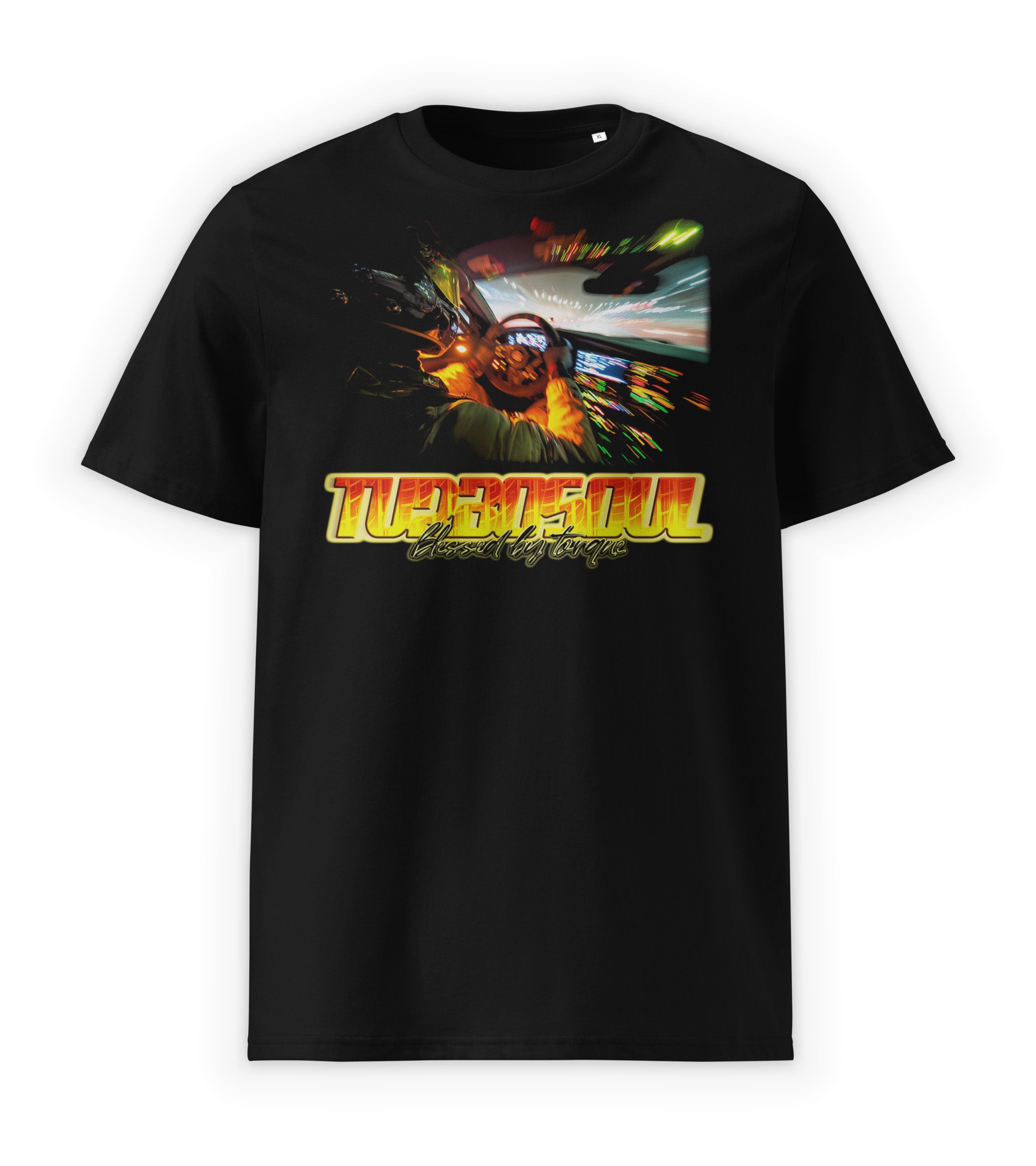 Black Front | Graphic streetwear t-shirt with racing-inspired control and focus design, Turbosoul by WEAR OVER
